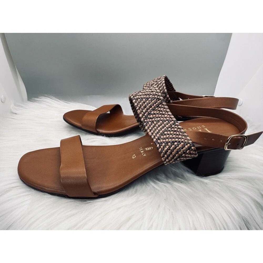 Italian Shoemakers Sandal Womens Size 10 Brown Woven Slingback Italy Block Heel